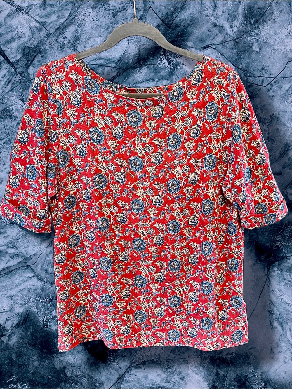 Lauren Ralph Lauren Red Floral Short-Sleeve Pullover Top w/ Blue Floral Accents